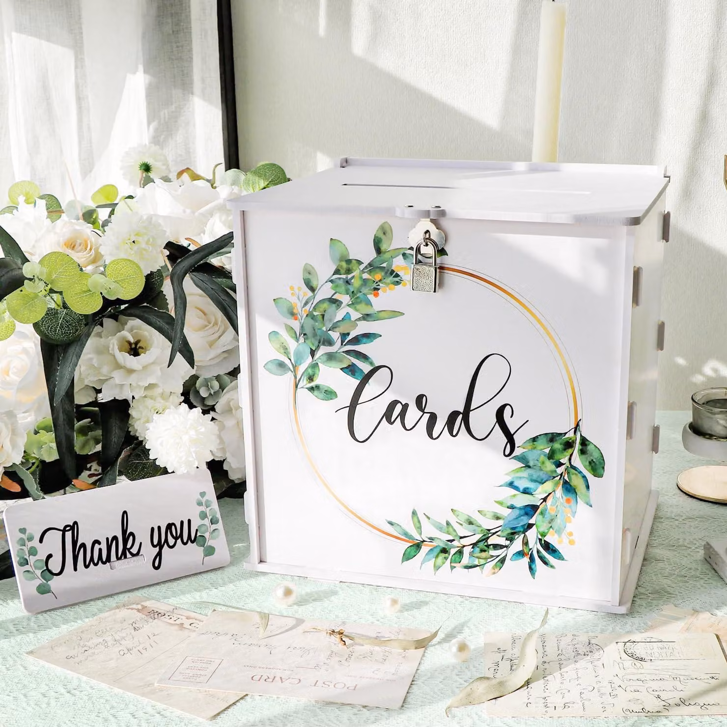 Scatola portafoto in acrilico con serratura, dimensioni 25,5x26x21 cm, colore bianco, ideale per matrimoni