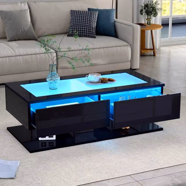Tavolino basso con 2 cassetti, piano in vetro temperato e LED, finitura lucida, per soggiorno, nero, 100 × 50 × 35 cm