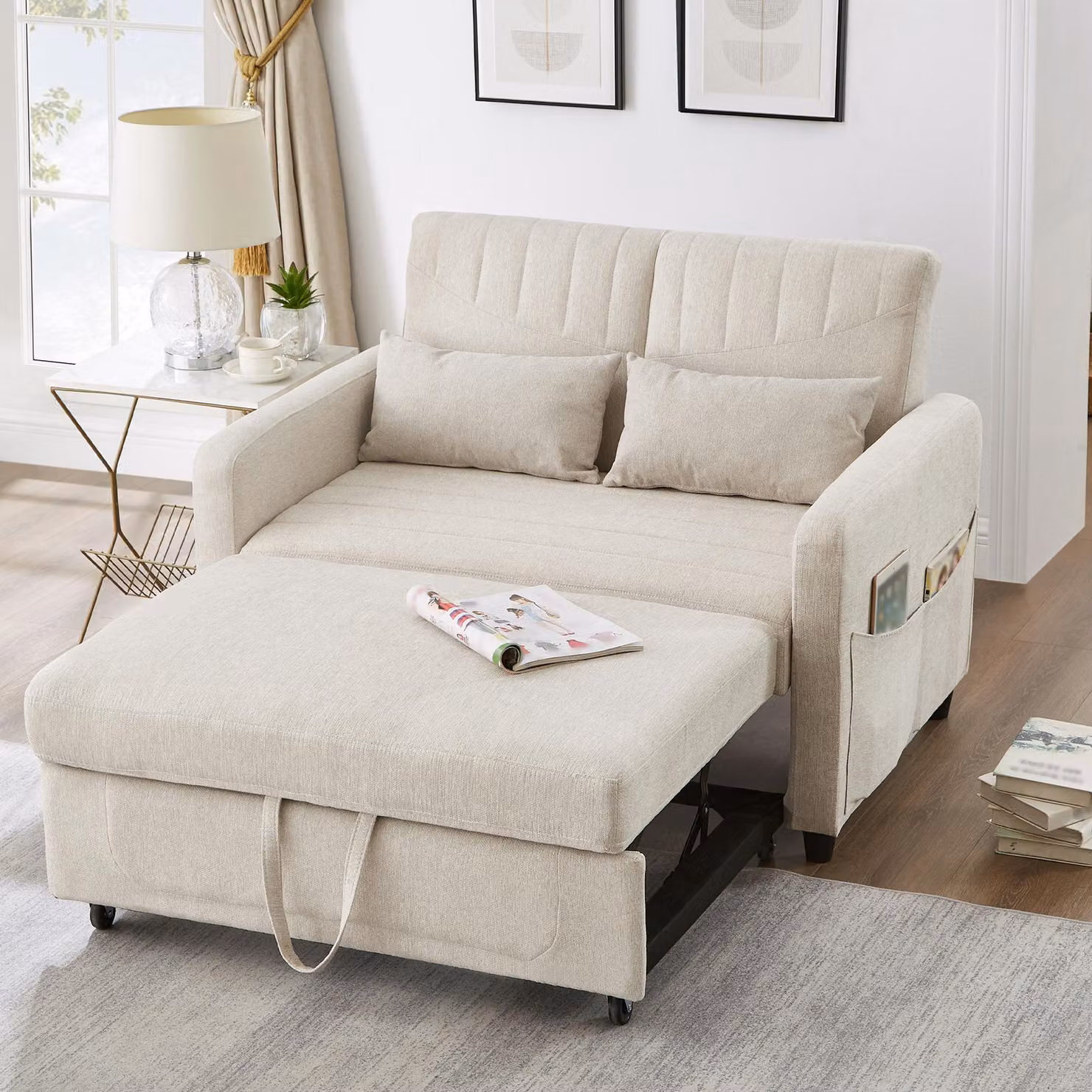 Fortuna Lai [Divano letto] Divano a due posti, modello pieghevole, design semplice e moderno, stile contemporaneo, schienale regolabile in tre posizioni, tessuto in cotone e lino traspirante
