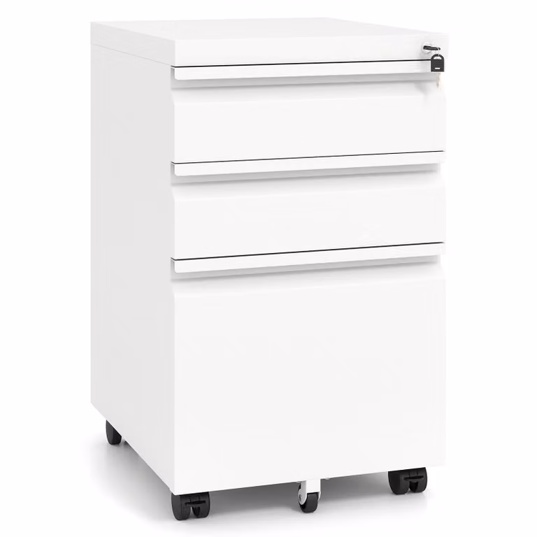 Cassettiera da ufficio Costway in acciaio con 3 cassetti, ruote e serratura, mobiletto porta documenti e stampante bianco