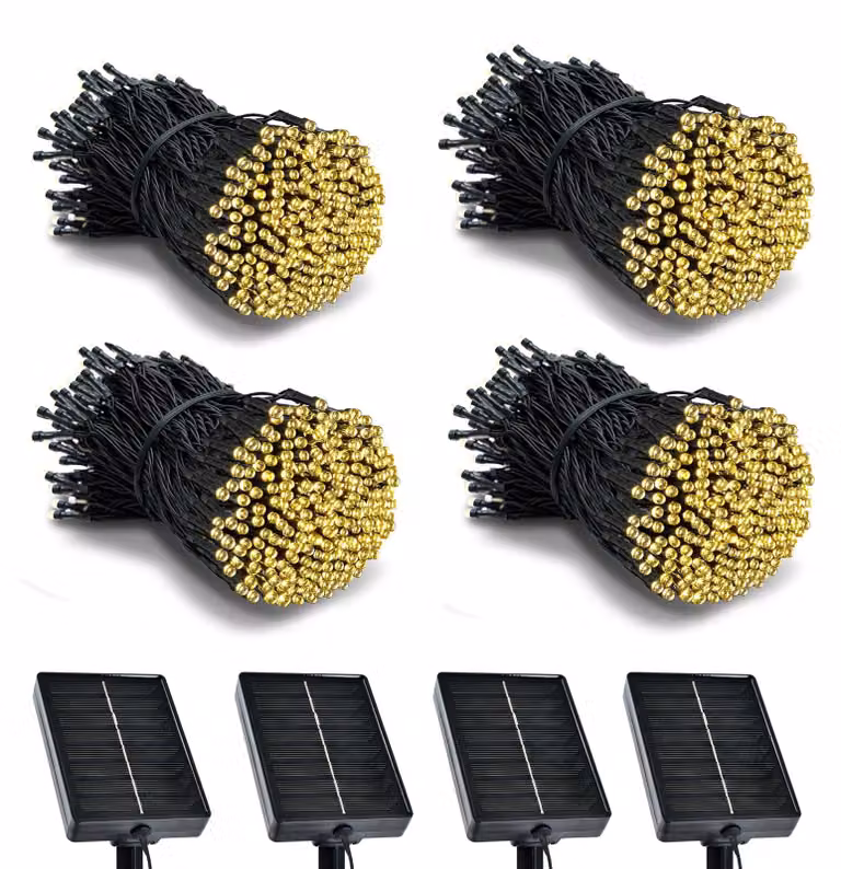 Catena luminosa solare, 10 metri, 100 LED, luce bianco caldo, confezione da 4, con timer, grado di protezione IP65