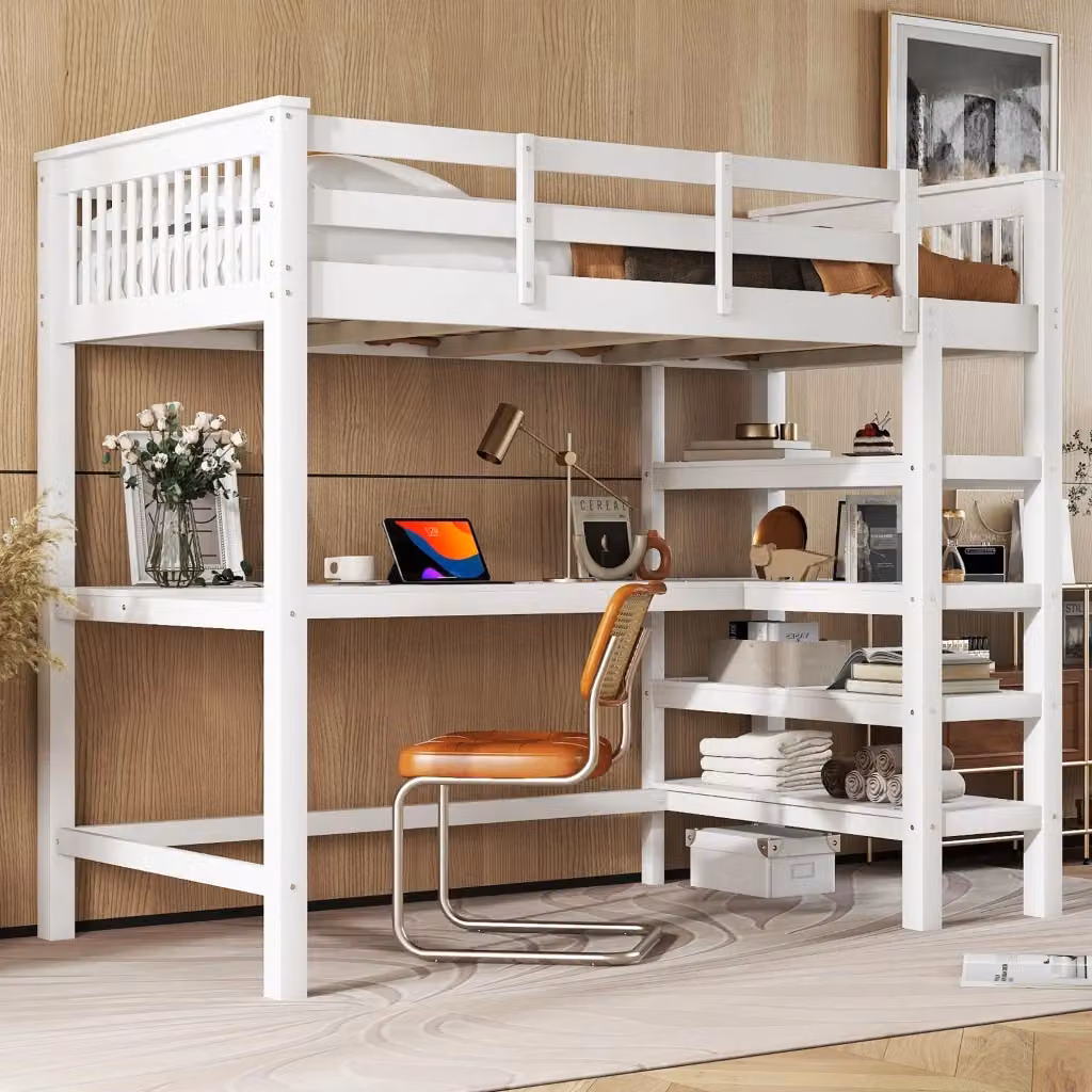 Letto a soppalco singolo OKWISH in pino e MDF bianco con scrivania, ripiani e scala, L/P/H: 90 x 200 x 207 cm – 2
