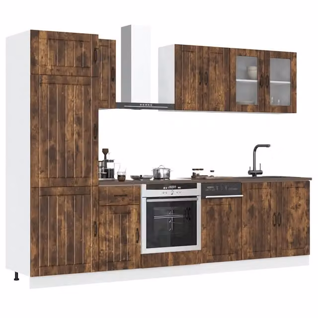 Set di mobili da cucina rustici vidaXL in legno di quercia e vetro, colore marrone, con ante a vetro e ripiani interni, L: 81,5 cm, P: 46 cm, H: 80 cm