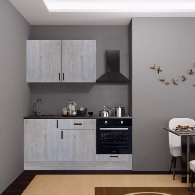 Cucina completa Asti con elettrodomestici integrati in stile moderno, colore rovere grigio chiaro, L: 180 cm