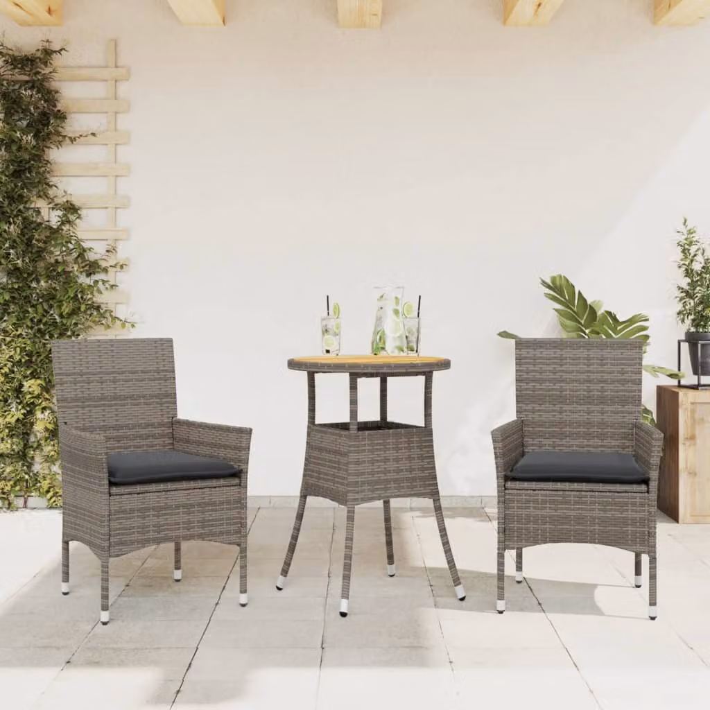 Set Pranzo da Giardino vidaXL in Polyrattan e Legno di Acacia con Cuscini, Grigio – 1