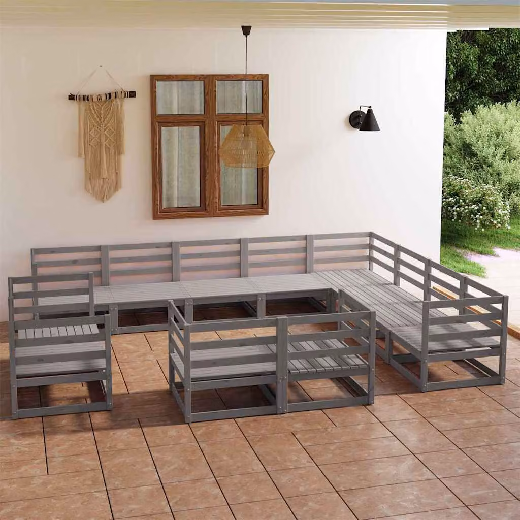 Set di divani da giardino vidaXL a forma di L in legno di pino con cuscini grigi