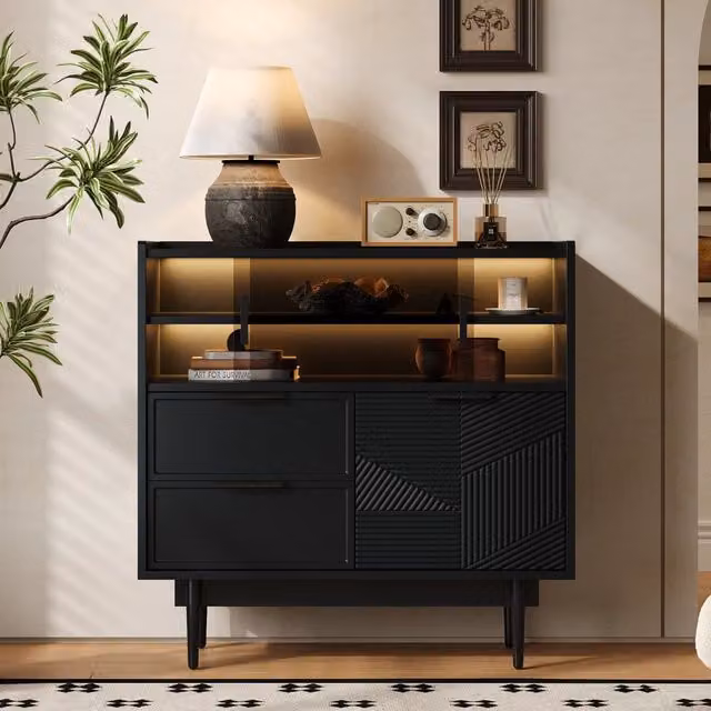 Mobile contenitore MODFU con ante scorrevoli in vetro e illuminazione LED regolabile, nero, Larghezza: 80 cm