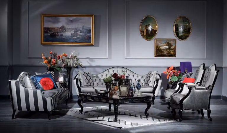 Casa Padrino set da salotto barocco argento / nero - 2 divani & 2 poltrone & 1 tavolino & 2 tavolini - Mobili da salotto in stile barocco - Nobile e sontuoso