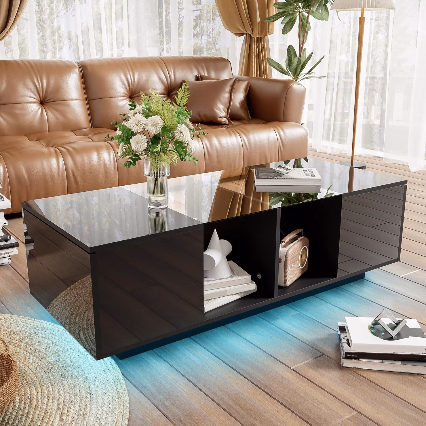 Tavolino da caffè moderno GL Store con illuminazione LED e piano in vetro lucido nero, L: 120 cm, P: 50 cm, H: 38,5 cm – 2