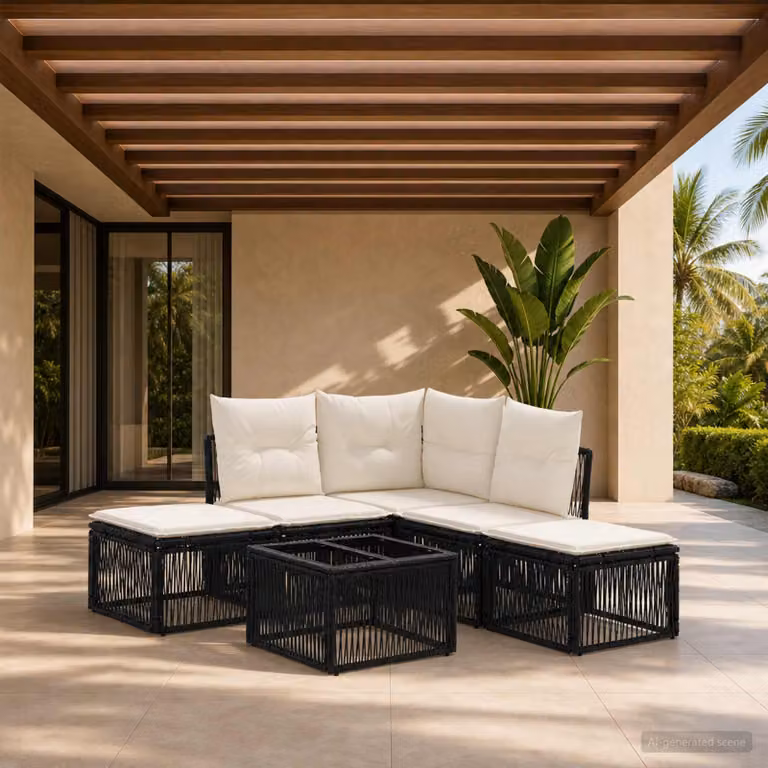 Set Divano da Giardino vidaXL 6 pz a Forma a L con Tavolino e Pouf, Colore Nero, Struttura in Acciaio e Polyrattan con Cuscini Imbottiti e Rivestimenti Rimovibili