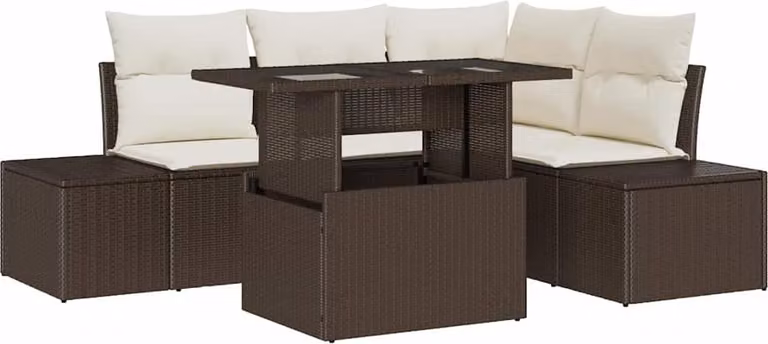 Set Divano da Giardino con cuscino 5 pcs Marrone polyrattan