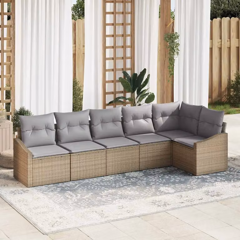 Set Divano da Giardino vidaXL a Forma di L in Polyrattan con Cuscini, 6 Pezzi, Beige e Grigio