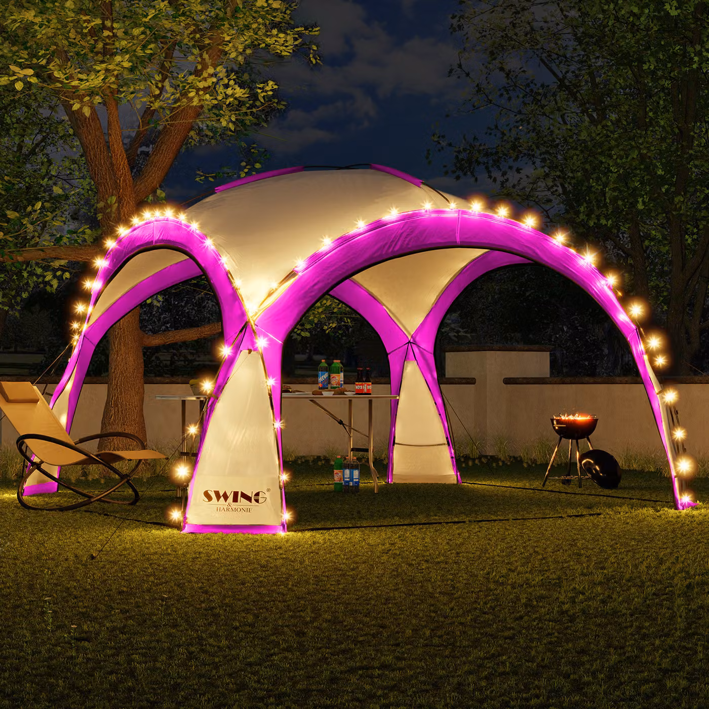 Padiglione per eventi a LED 3,6 x 3,6 m DomeShelter Padiglione da giardino con pannello solare incluso Padiglione di design Tenda da giardino Padiglione da campeggio Tenda per feste con illuminazione - rosa