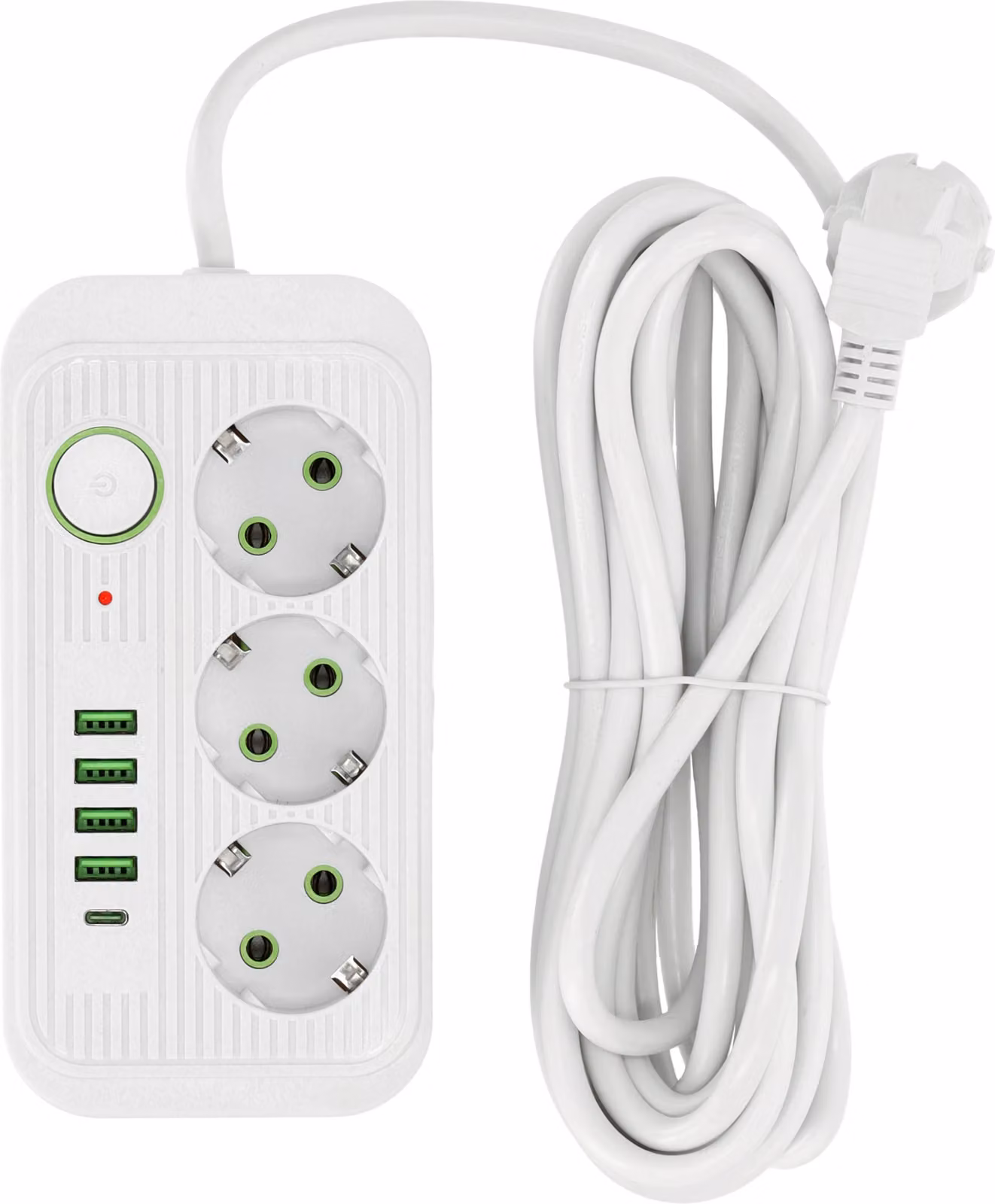 Estensione della ciabatta KOBI LINEA PRO Bianco Ciabatta a 3 prese Presa multipla con 4xUSB A e 1 USB-C, 2500W spina multipla 10A Cavo di prolunga 5 m