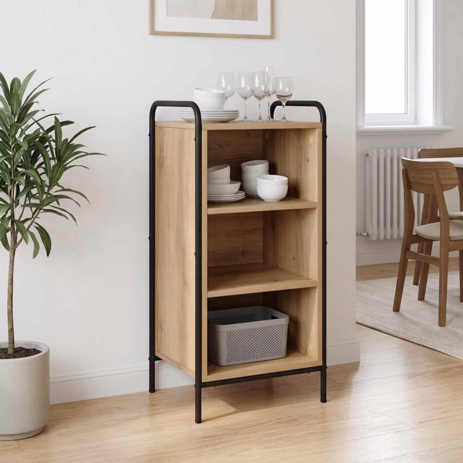Credenza moderna vidaXL in legno e metallo color rovere, L: 97 cm, P: 33 cm, H: 81 cm