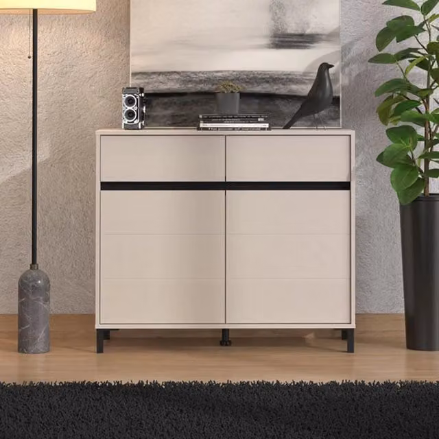 Madia Giarree DMORA, Credenza moderna con 2 cassetti, Bianco e Beige, L: 106 cm, P: 40 cm, H: 90 cm