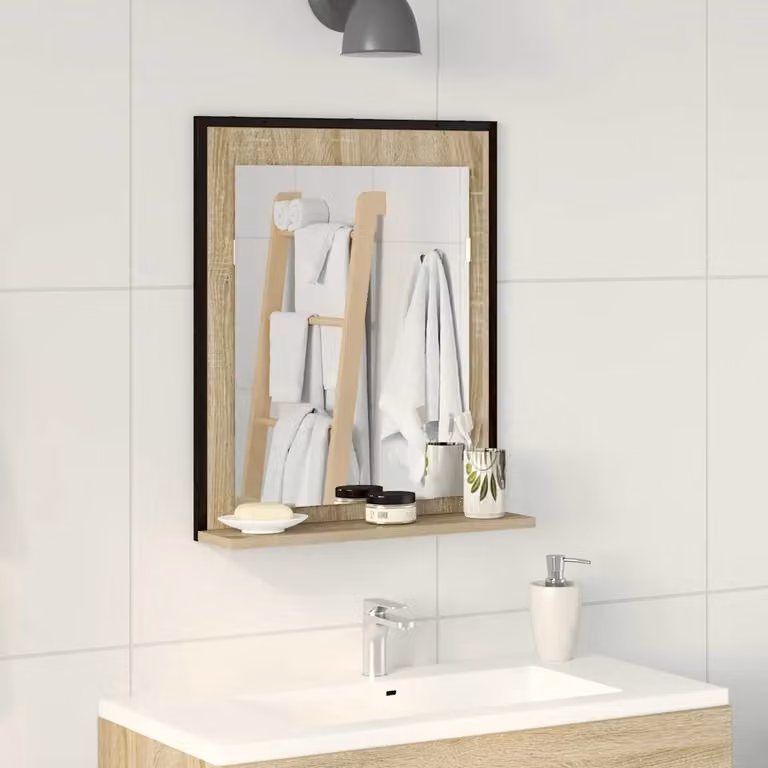 Specchio da bagno moderno vidaXL con scaffale, Nero, L: 50 cm, P: 12 cm, H: 60 cm