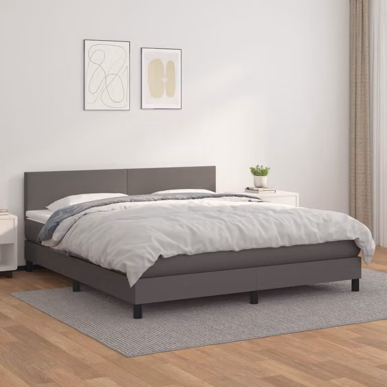 vidaXL Giroletto a Molle con Materasso in Similpelle Grigio e Bianco L/P/H: 160 x 200 x 88 cm