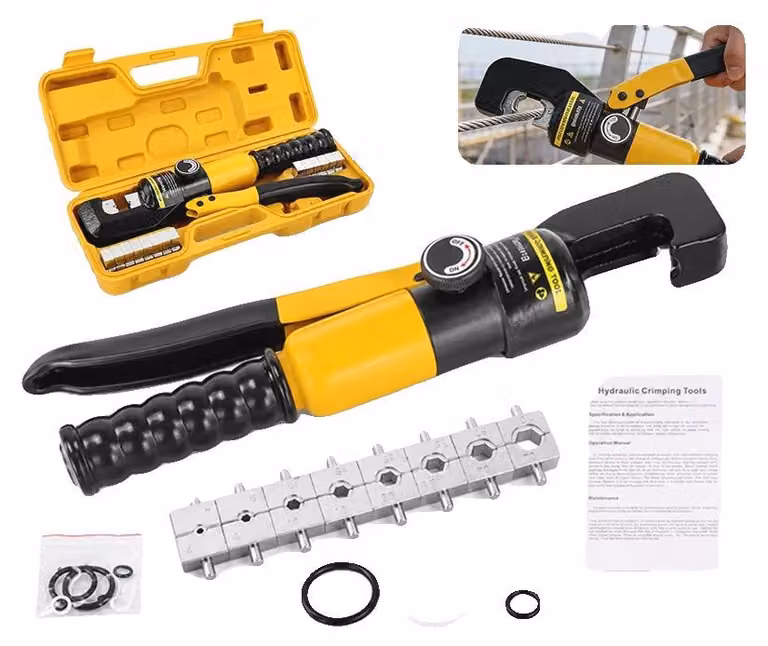 Macchina idraulica per crimpare cavi, con una forza di crimpatura massima di 10 tonnellate, una corsa di crimpatura di 12 mm, compatibile con cavi da 12 fino a 2/0 AWG, realizzata con struttura in acciaio temprato e dotata di diverse matrici di dimensioni