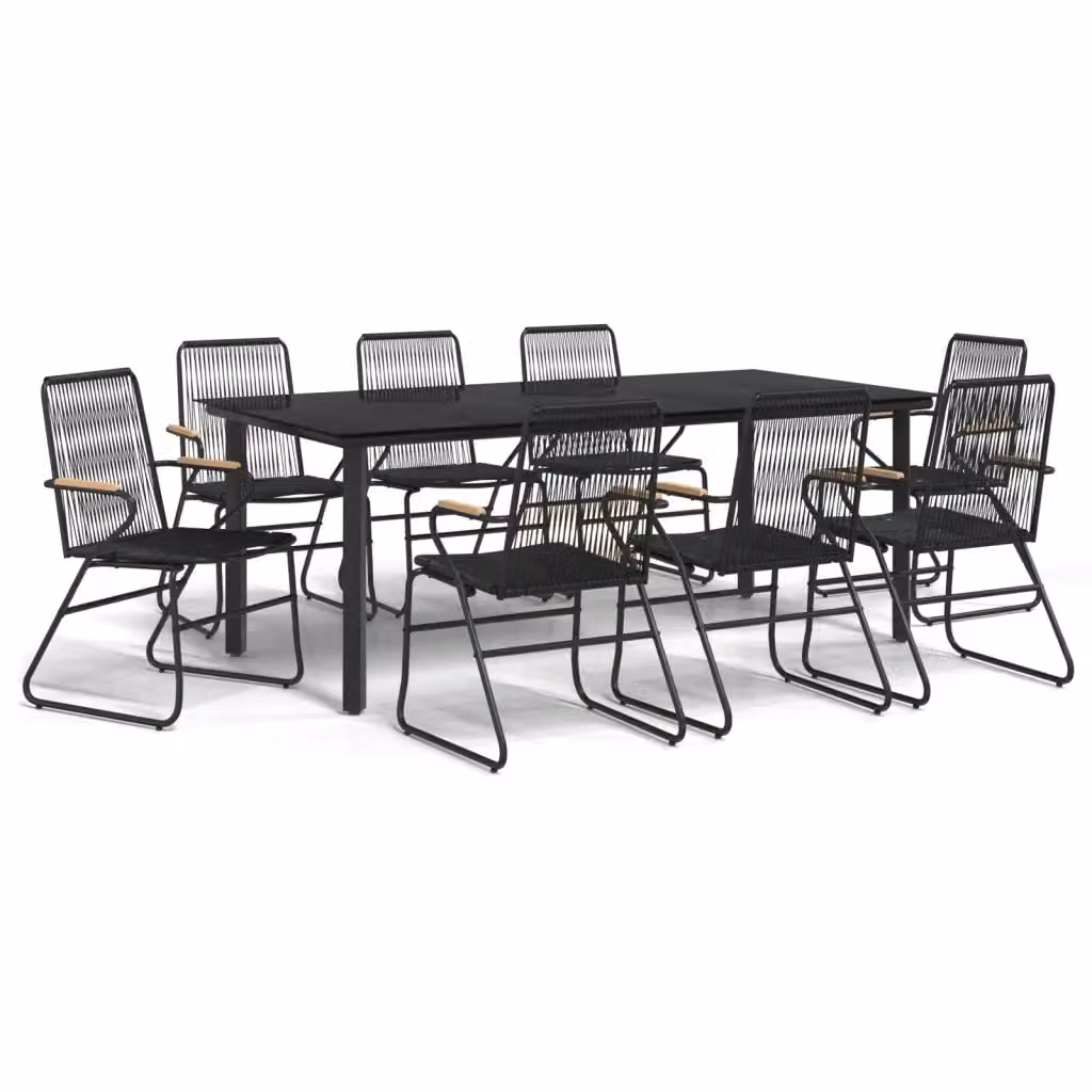 Set da pranzo da giardino moderno vidaXL composto da 9 pezzi in rattan e vetro nero con struttura in metallo e accenti in legno di teak – 2