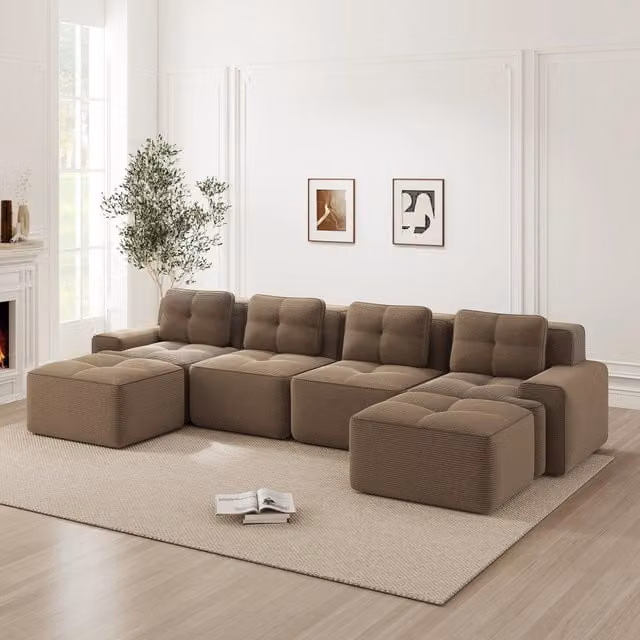 Divano modulare Zephmum a forma di U con chaise longue 4 posti, rivestimento in velluto a coste marrone con funzione letto