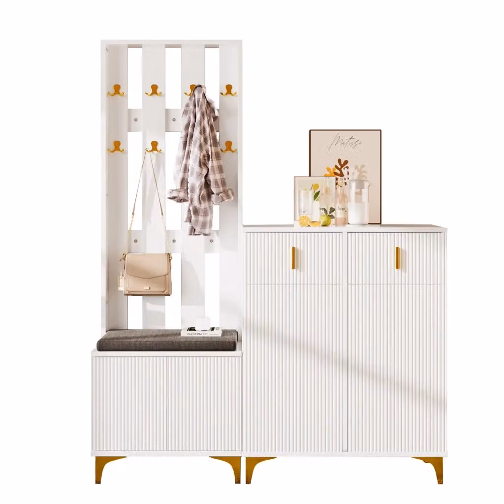 Set mobile ingresso moderno bianco e oro composto da panca con cuscino, scarpiera con ante e cassetti e pannello con ganci, L/P/H: 180.5 x 35.2 x 83.0 cm – 2