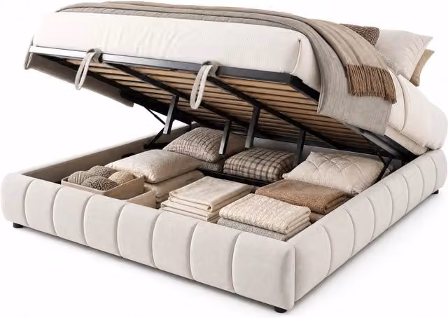 Letto matrimoniale 180x200 cm con contenitore idraulico e LED bianco in velluto beige