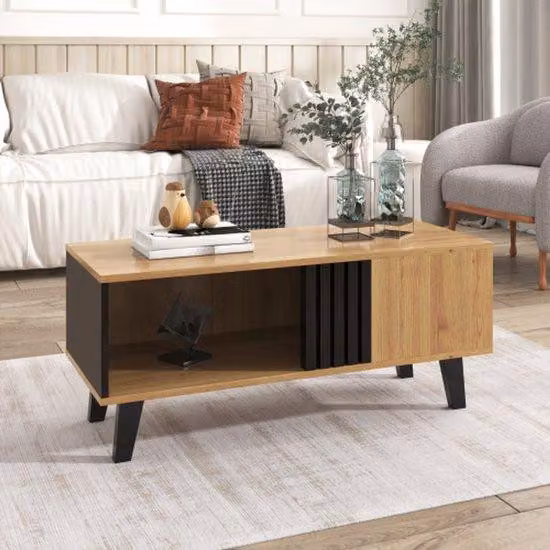 Tavolino in legno verniciato 100 x 60 x 45 cm con decorazioni nere, tavolino da salotto con cassetto e tavolino ausiliario, spazio contenitivo versatile e fascino unico