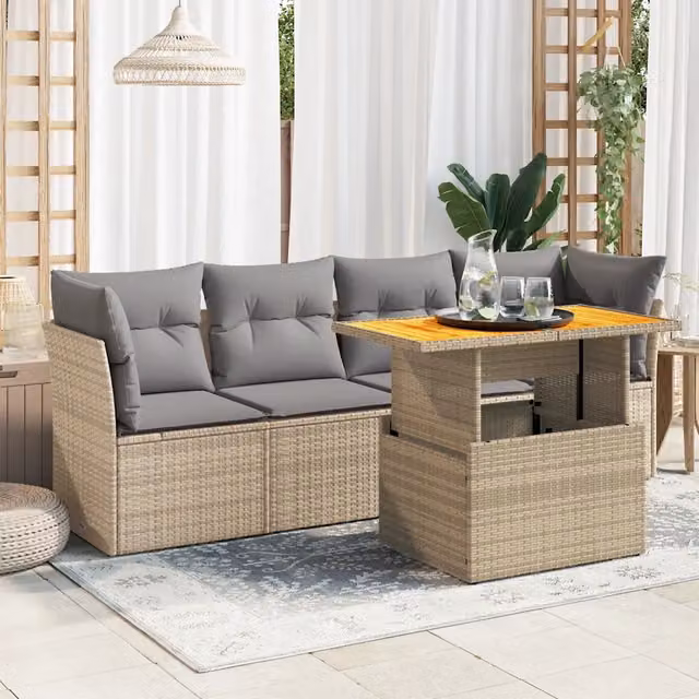 Set Divano da Giardino 5 Pezzi vidaXL in Polyrattan con Cuscini Beige e Grigio e Tavolino da Esterno a Forma di L