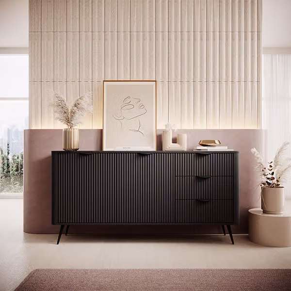 Credenza Lante cassettiera combinata 163x38x81cm nero arrotondato