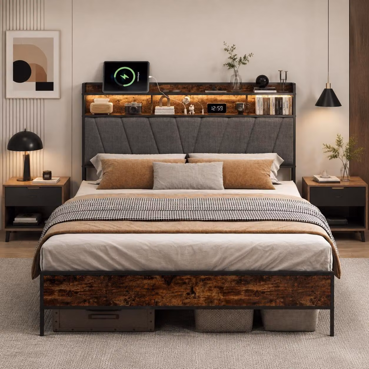 Letto matrimoniale in metallo INONEFT, 160x200 cm, con testiera e spazio contenitore, letto imbottito con illuminazione LED e funzione di ricarica USB, struttura del letto con rete a doghe, colore: grigio