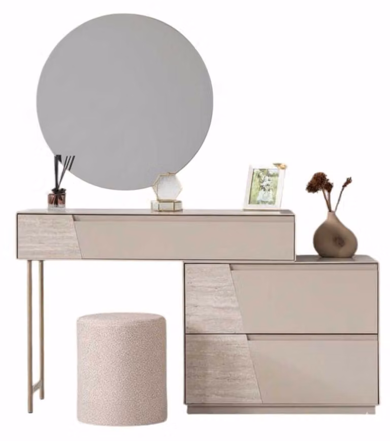 Toeletta con specchio e sgabello, stile moderno, colore beige, nuovo, per camera da letto