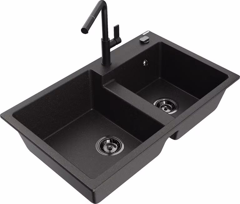 Mexen Tomas lavello in granito a 2 vasche con miscelatore da cucina Flora, nero/oro metallizzato - 6516-75-670401-70-B