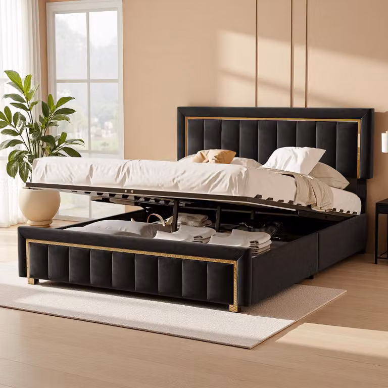 Letto imbottito INONEFT 140x200 con spazio contenitore, letto matrimoniale con cassone a sollevamento idraulico e poggiatesta regolabile, letto per ragazzi, in velluto, senza materasso, colore nero