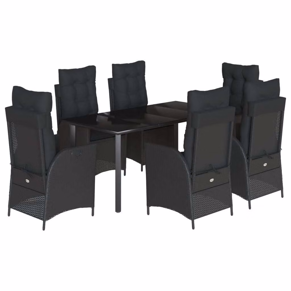 Set da Pranzo da Giardino 7 pz Nero con Cuscini in Polyrattan