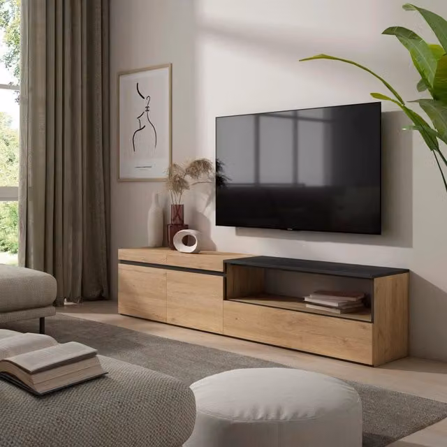 Mobile TV, 200x35x45cm, soggiorno, Per TV fino a 80", Mobile Soggiorno, colore Rovere e nero RF2154