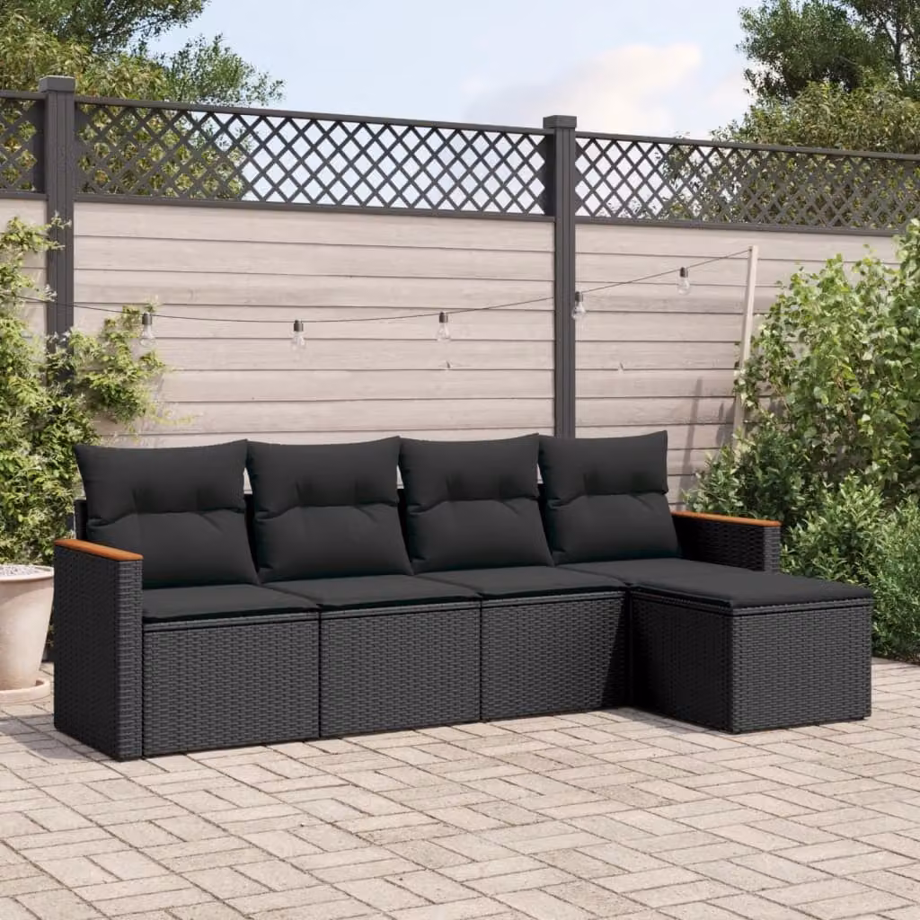 vidaXL Set Divani da Giardino 5 pz a Forma a L in Polyrattan Nero con Cuscini e Ottoman – 1