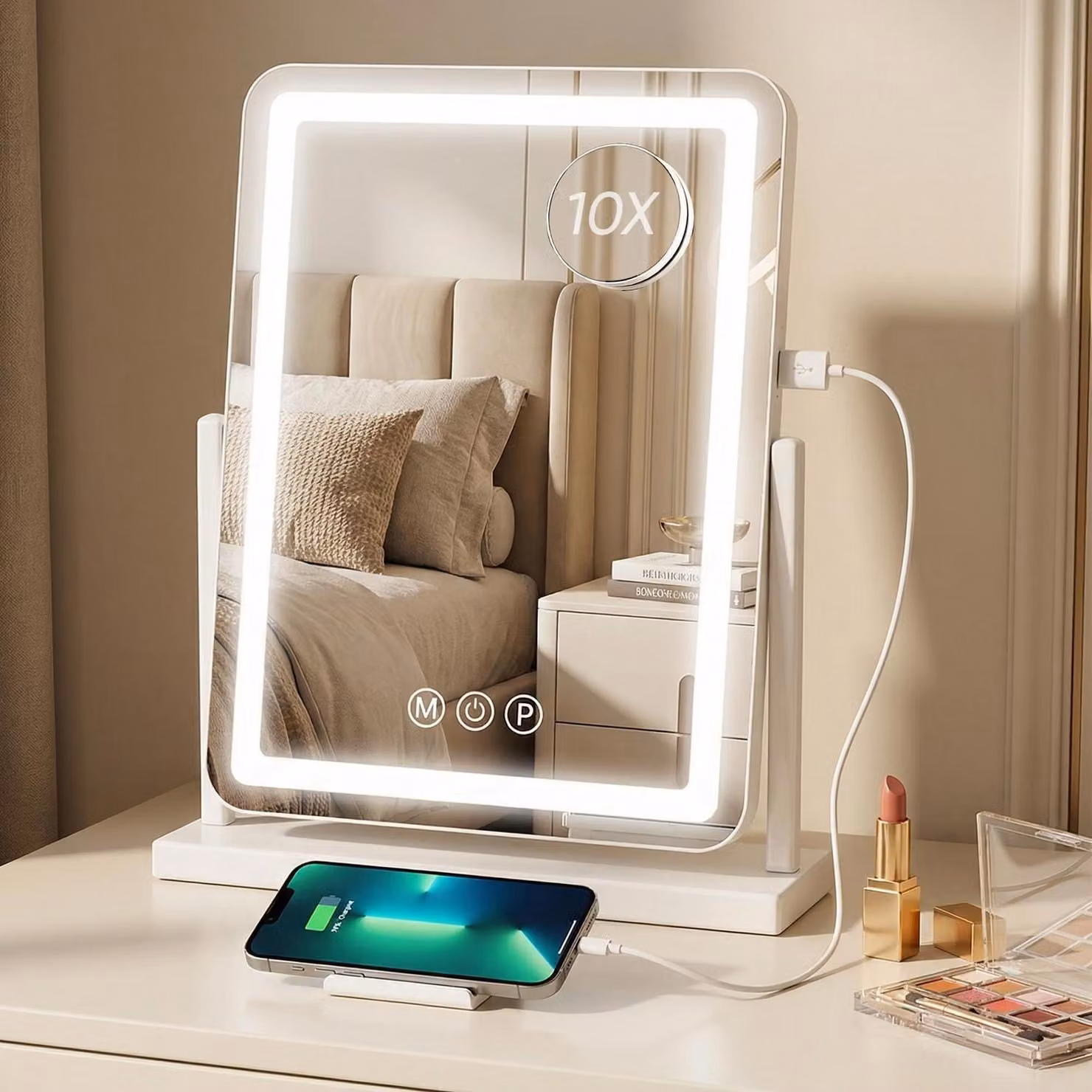 Specchio da trucco con illuminazione a LED, dimensioni 33x46 cm, alta definizione, rotazione a 360°, lente d'ingrandimento 10x, 3 temperature di colore, dimmerabile, alimentazione USB, colore bianco