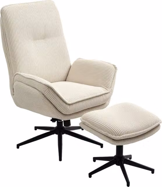 Poltrona relax girevole a 360° WISHDOR con poggiapiedi, schienale reclinabile e rivestimento in tessuto beige