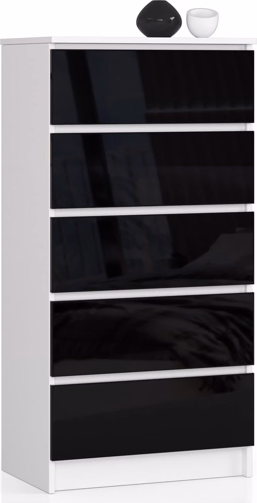 BDW Cassettiera lucida, 5 cassetti, camera da letto, 60x121, bianco-nero