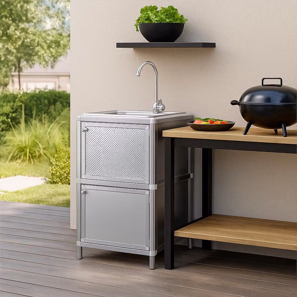 Lavello con mobile contenitore per cucina esterna, colore argento