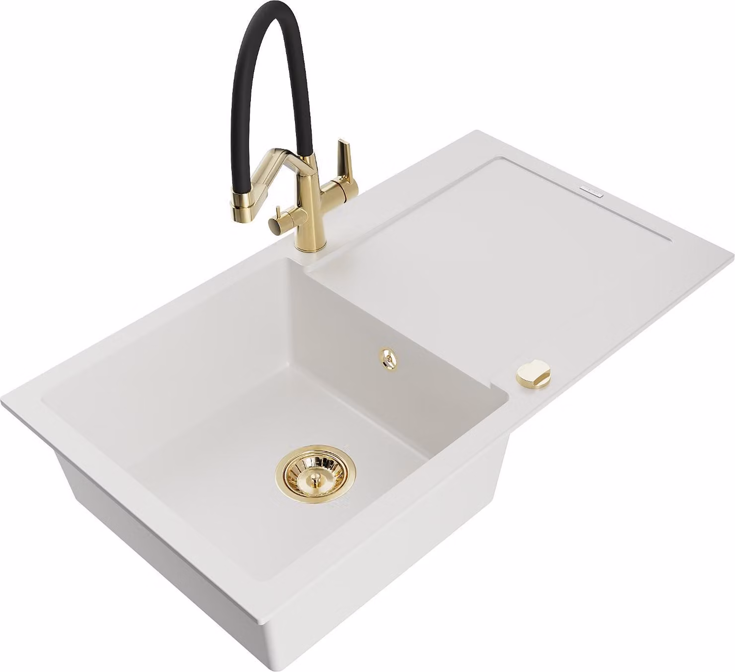 Mexen Leo lavello in granito a 1 vasca con scolapiatti e rubinetto cucina Duo, bianco - 6501-20-671701-57-G