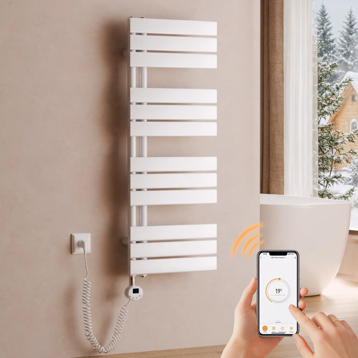 Asciugatore elettrico per asciugamani, dimensioni 1041 x 400 mm, 400 W, bianco, radiatore da bagno con termostato, Wi-Fi, timer programmabile e display LCD – S'AFIELINA
