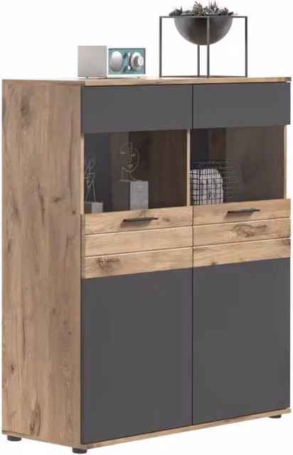 Buffet alto 2 porte in vetro – Grigio antracite e rovere chiaro – SELMA