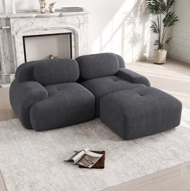 Divano angolare modulare senza montaggio in corduroy grigio