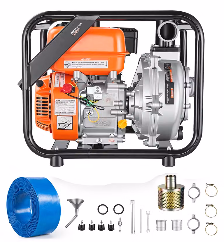 Pompa dell'acqua a benzina SucceBuy con prevalenza di 49,9 m, motore da 6 CV, pompa portatile per acque sporche con tubo di scarico da 762 cm, girante in ghisa, ideale per l'irrigazione, laghetti e piscine