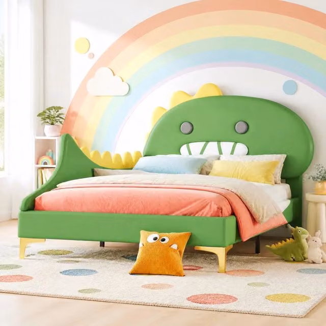 Letto per bambini a forma di dinosauro in PU verde; 90 x 200 cm