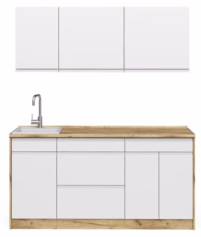Cucina completa Vicco R-Line Bianco/Rovere dorato 160 cm piano di lavoro Platino, Model 70563