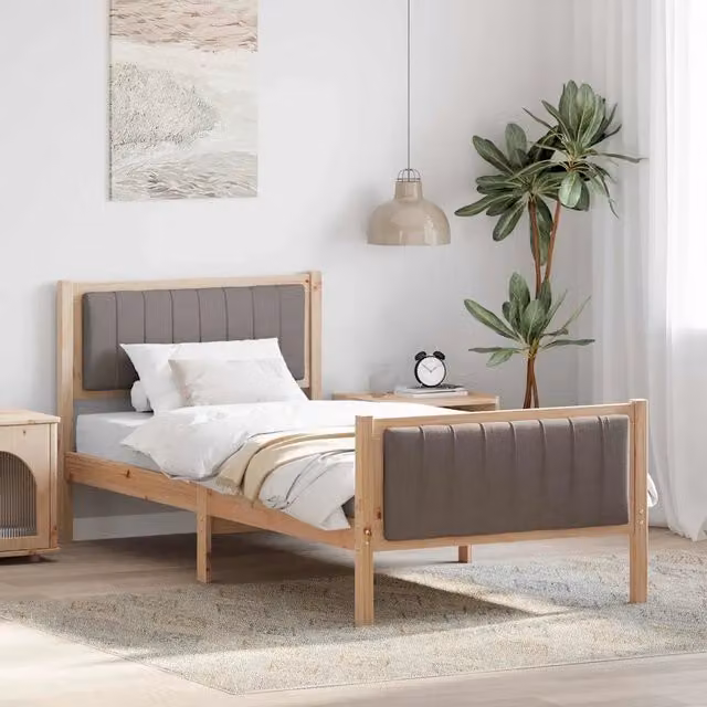 Letto con testiera vidaXL in legno di pino e tessuto, marrone e beige, L/P/H: 200 x 90 x 85,5 cm – 1