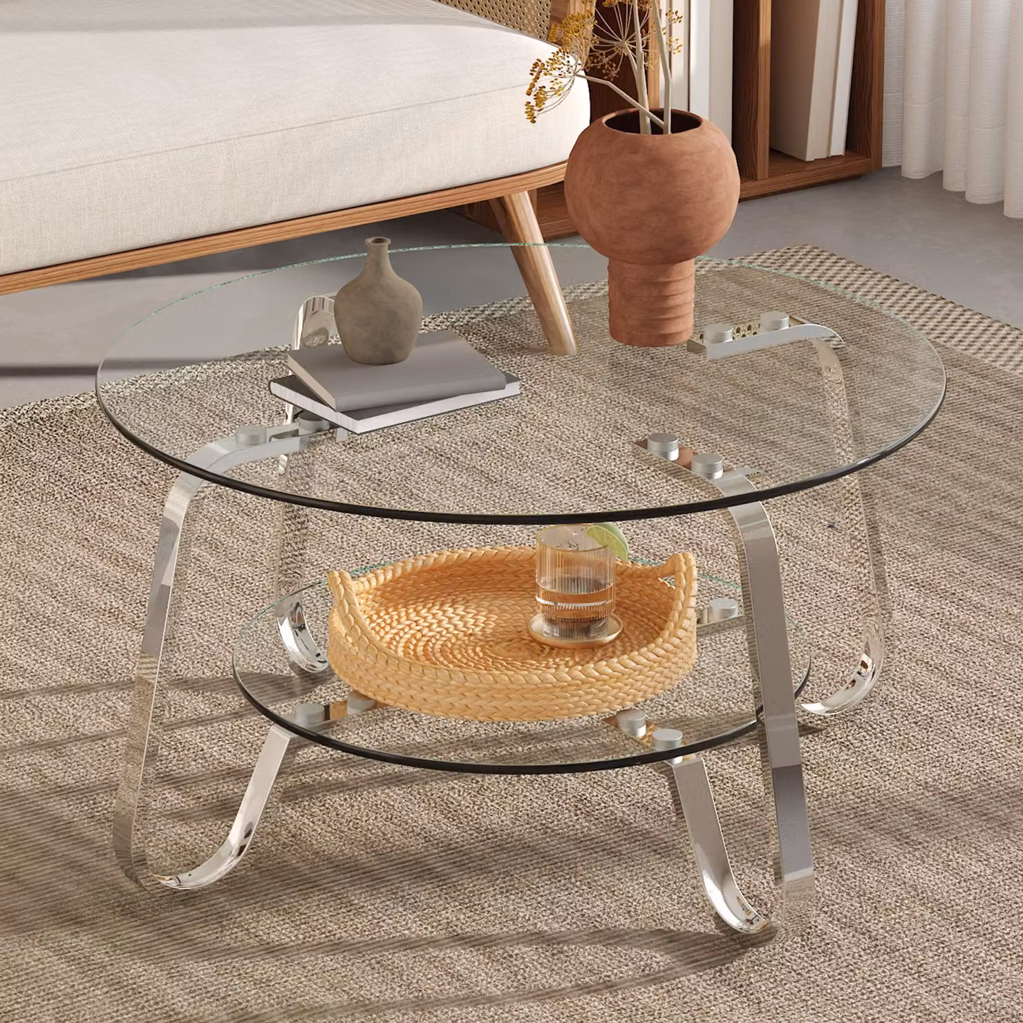 Tavolino da caffè, vetro a doppio strato, struttura in metallo, stile retrò-minimalista, elegante